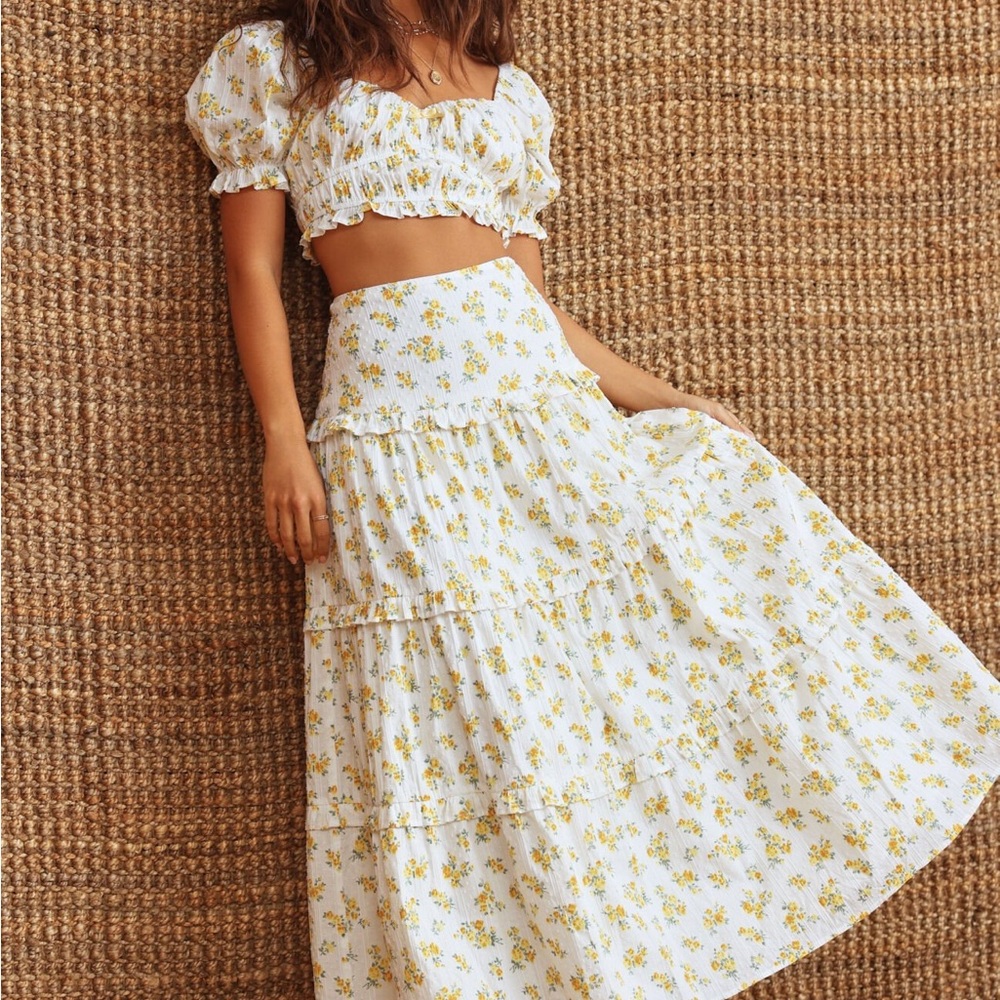 Altar'd State White and Yellow Floral Crop Top and Maxi Skirt